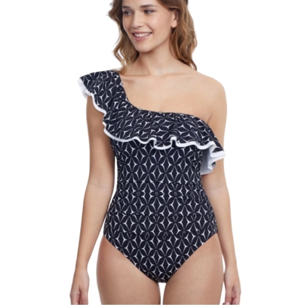 Profile by Gottex Ruffle One Shoulder One Piece 10 Navy Blue White Swimsuit‎